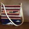 Kind of an "Aztec" patterned bag, tan & white shoulder strap & double fringe.  15 x 15 1/2"